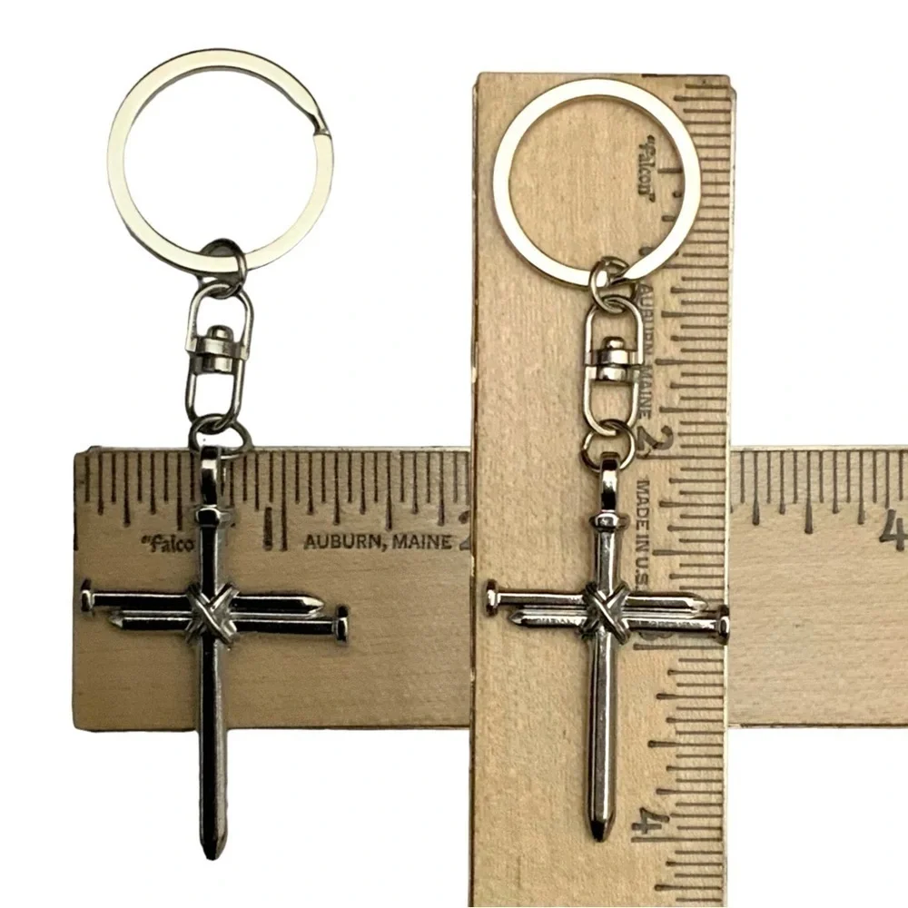 3 Nail Cross Keychain Religious Christian Key Ring Accessory Silver Unisex Gift